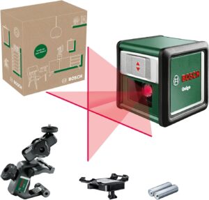 Bosch Home and Garden láser de líneas cruzadas Quigo con abrazadera universal MM 2 (alineación fácil y precisa posicionamiento flexible gracias a la universal, en caja para e-commerce)
